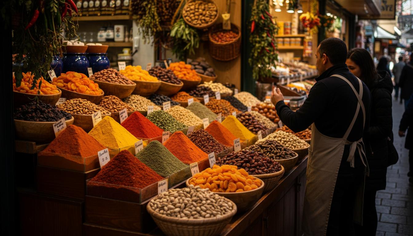 Banchi di frutta, verdura, spezie e specialità gastronomiche al Naschmarkt di Vienna